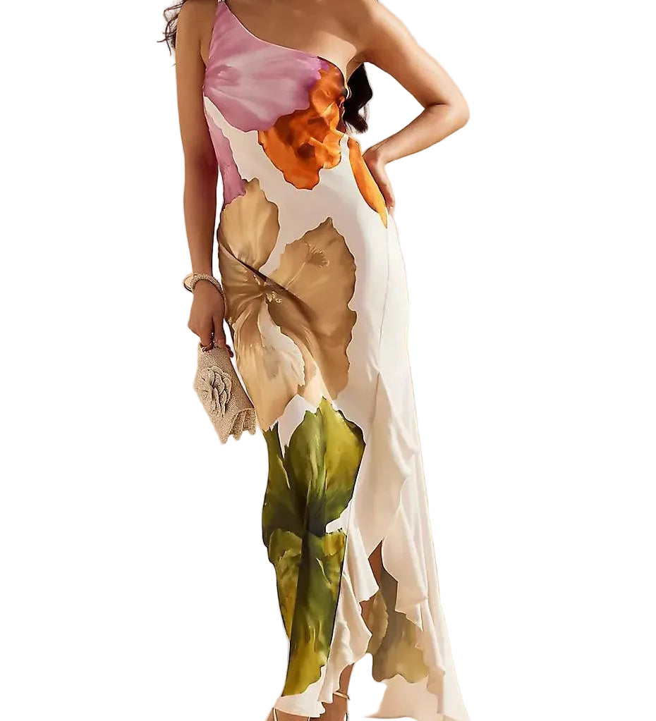 Vestido longo elegante e requintado com estampa floral e de um ombro só.