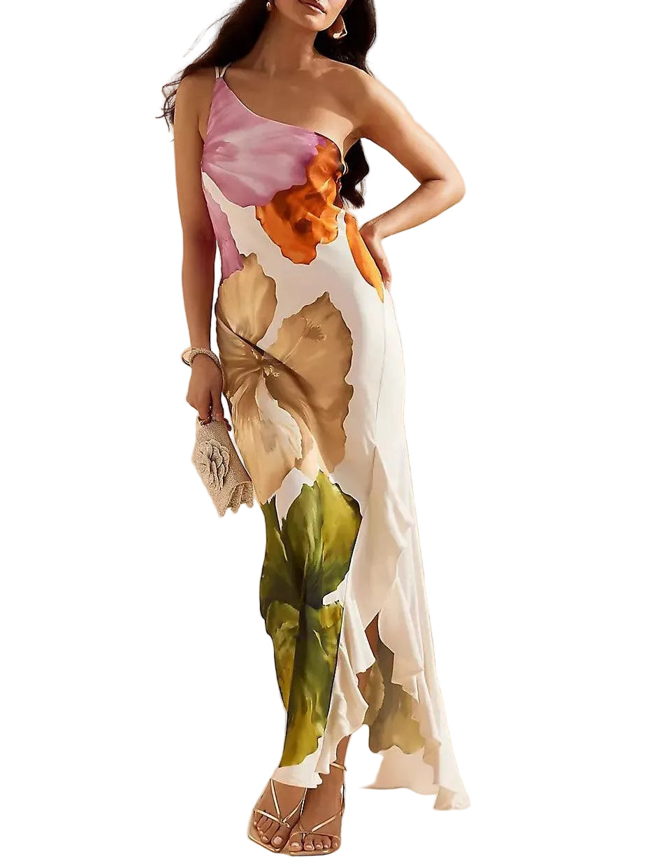 Vestido longo elegante e requintado com estampa floral e de um ombro só.