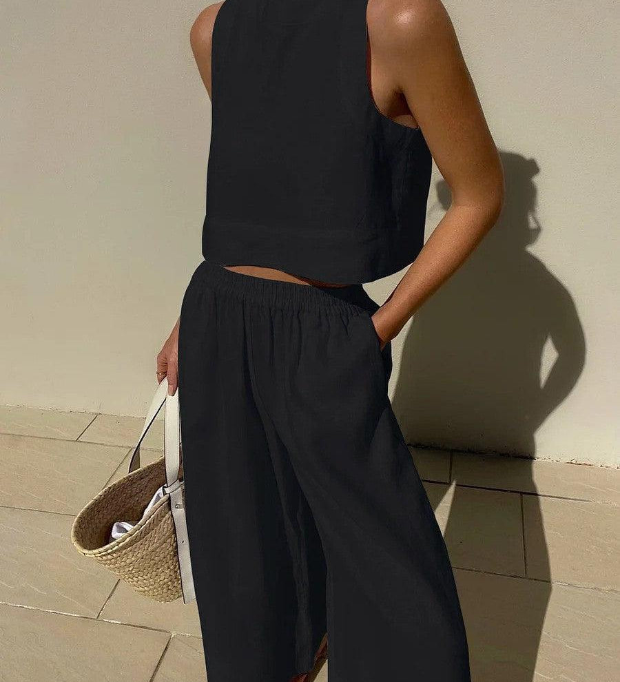 Chic Solid Color Sleeveless 2pieces Set