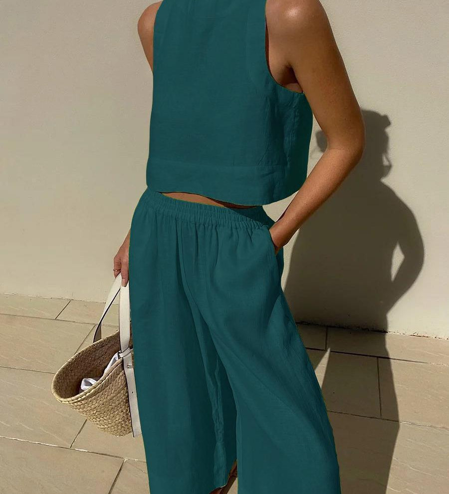 Chic Solid Color Sleeveless 2pieces Set