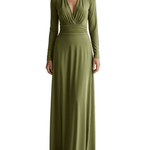 VESTIDO LARGO VERDE OLIVA CON ESCOTE EN PICO Y CINTURA FRUNCIDA - VALERINA MARBELLA