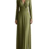 VESTIDO LARGO VERDE OLIVA CON ESCOTE EN PICO Y CINTURA FRUNCIDA - VALERINA MARBELLA