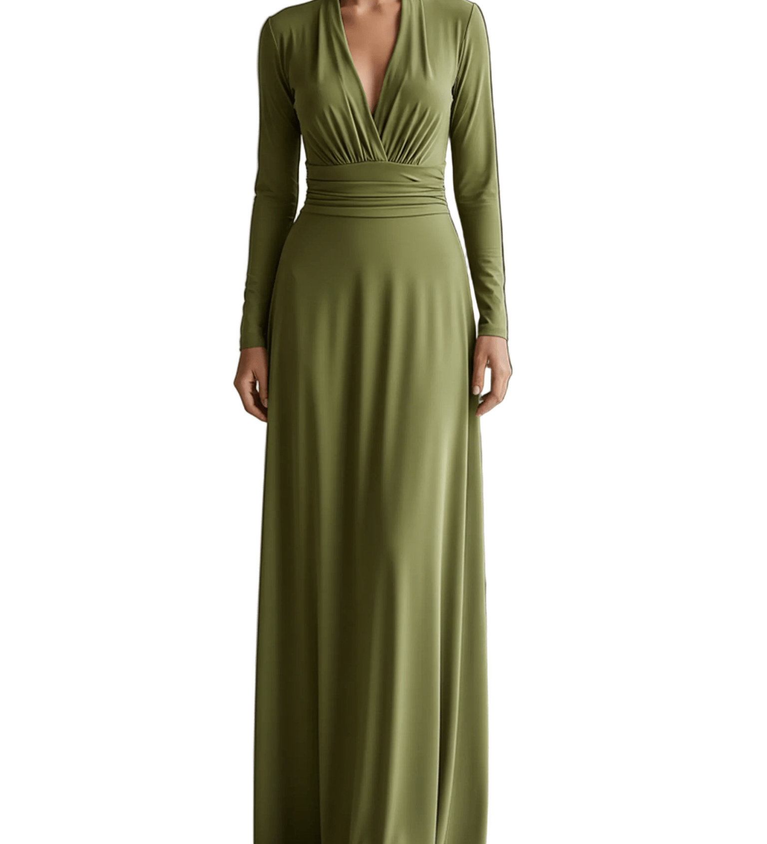 VESTIDO LARGO VERDE OLIVA CON ESCOTE EN PICO Y CINTURA FRUNCIDA - VALERINA MARBELLA