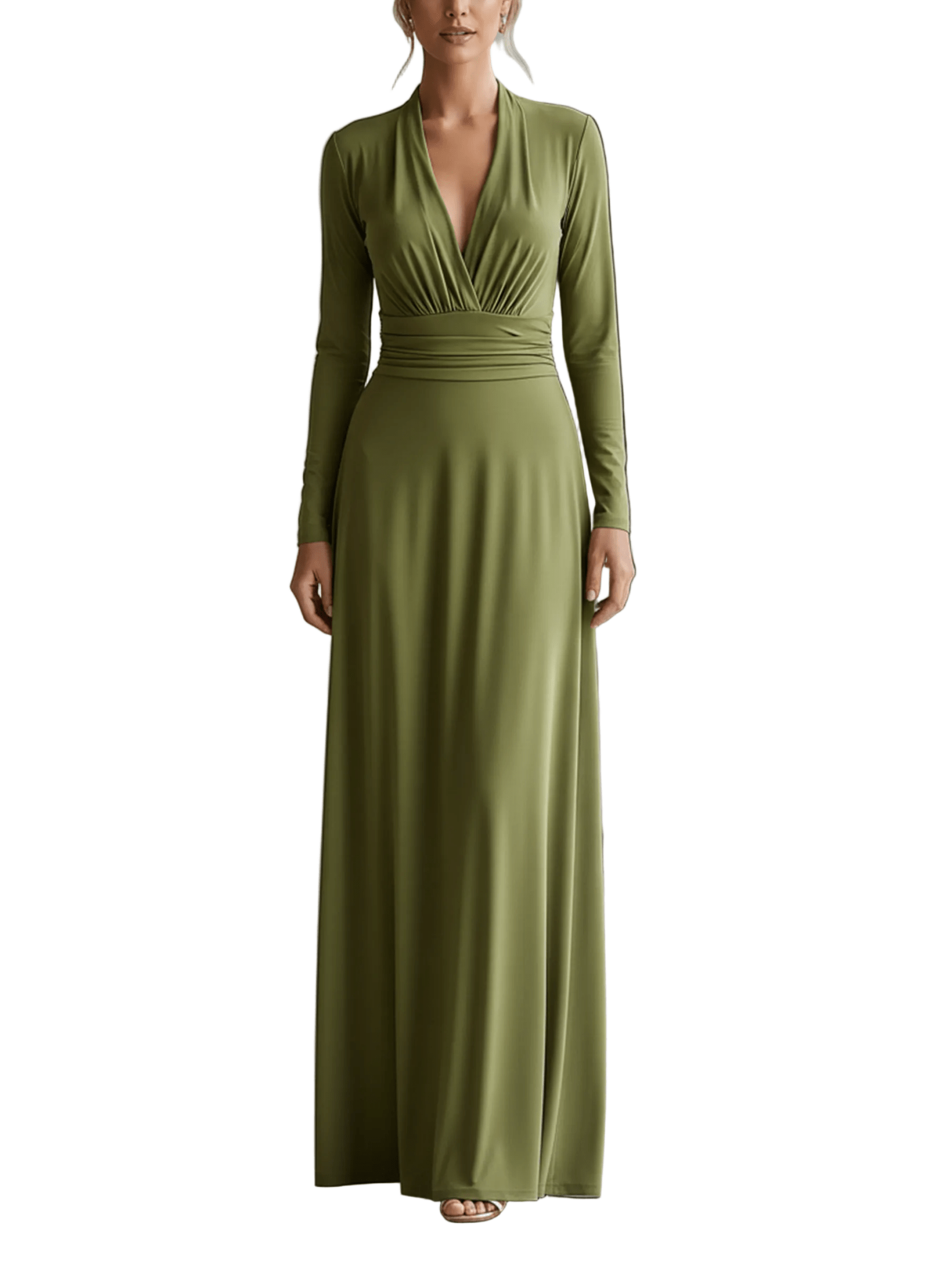 VESTIDO LARGO VERDE OLIVA CON ESCOTE EN PICO Y CINTURA FRUNCIDA - VALERINA MARBELLA