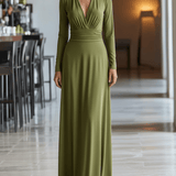 VESTIDO LARGO VERDE OLIVA CON ESCOTE EN PICO Y CINTURA FRUNCIDA - VALERINA MARBELLA