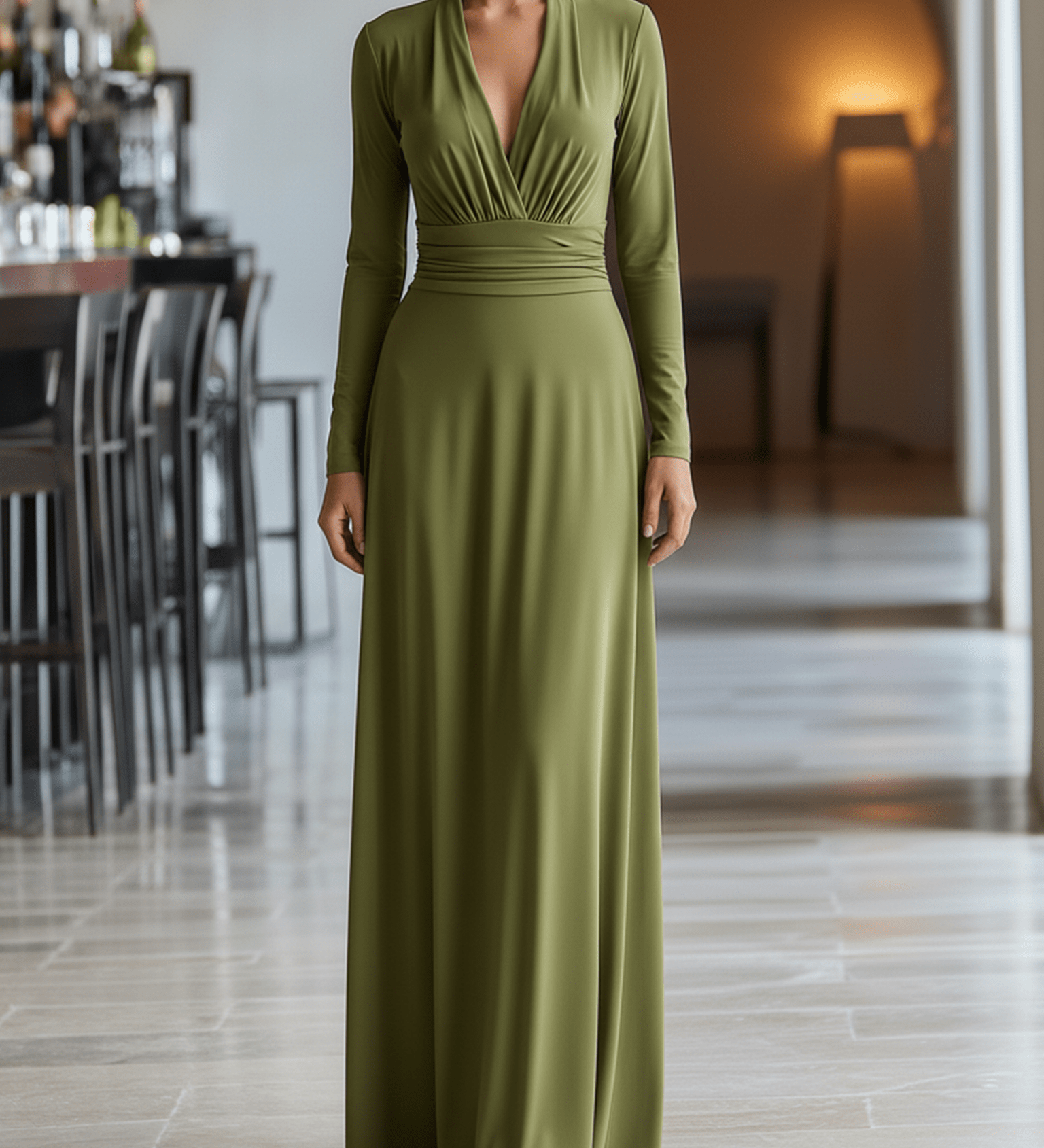 VESTIDO LARGO VERDE OLIVA CON ESCOTE EN PICO Y CINTURA FRUNCIDA - VALERINA MARBELLA