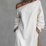 Loose-fitting One Shoulder Split Hem Cotton Linen Midi Dress