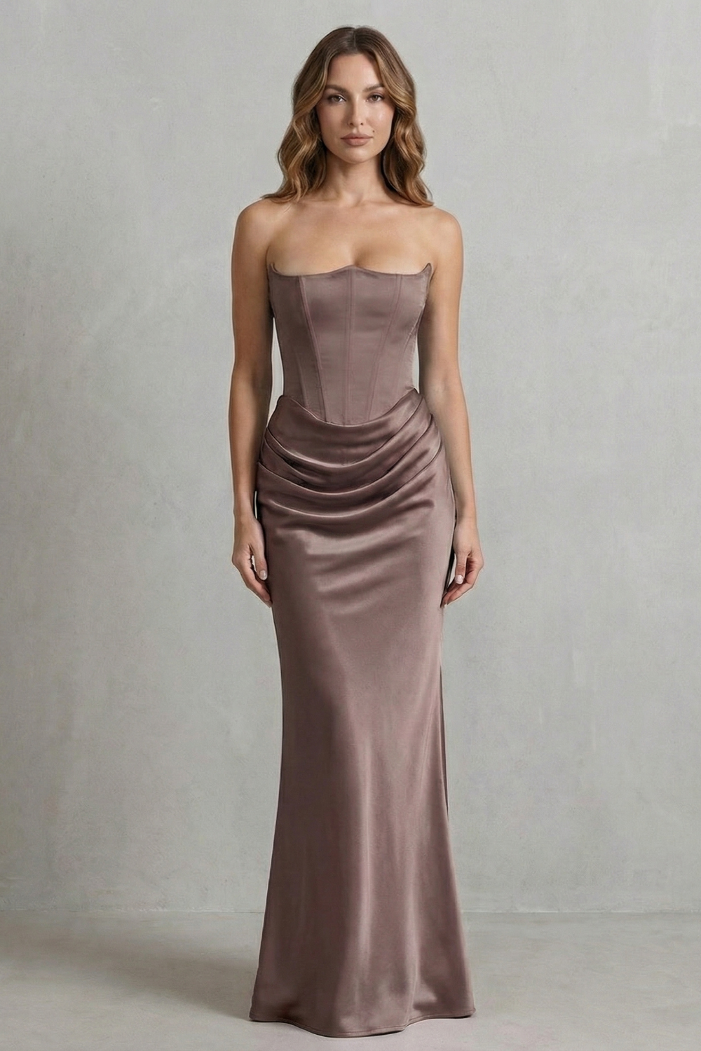 Evelisse – Sculpted satin drape – Strapless corset maxi dress