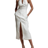 Bohemian Style Keyhole Neckline Denim Midi Dress With Side Slits