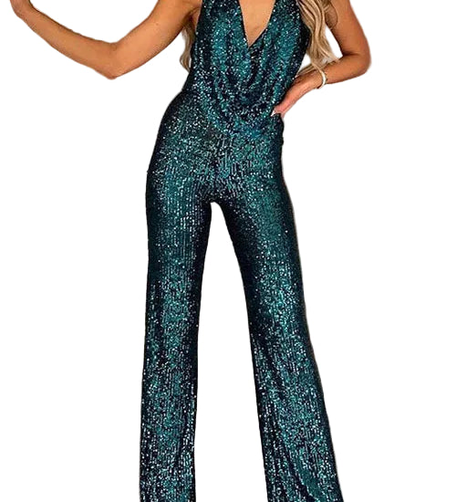 Macacão de festa com lantejoulas e decote halter