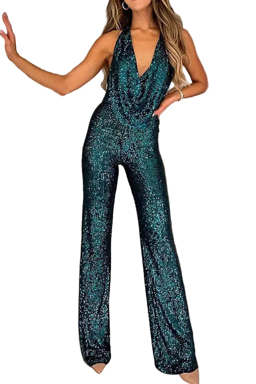 Macacão de festa com lantejoulas e decote halter