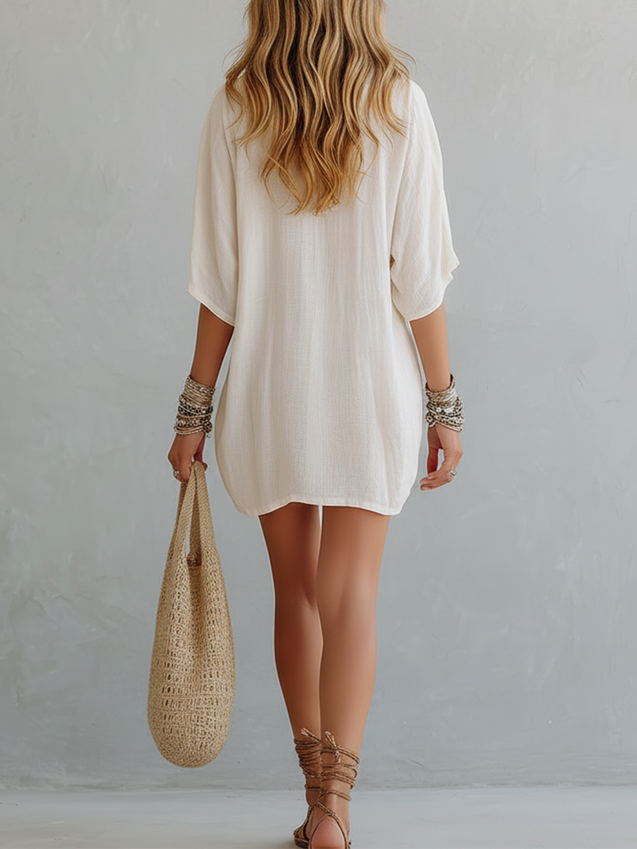 Ivory-colored Cotton And Linen Loose-fitting Short Skirt