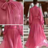 VESTIDO MAXI DE GASA FUCSIA CON LAZO - VALERINA MARBELLA
