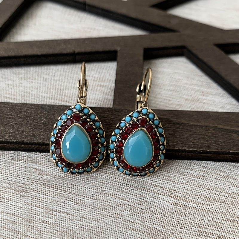 PENDIENTES VINTAGE TURQUESA STRASS GOTA RÉSINE