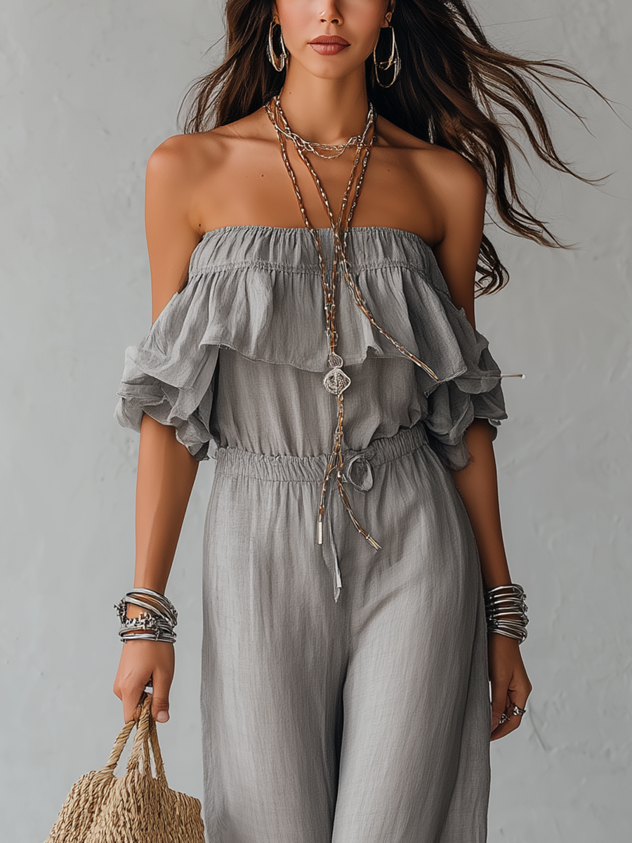 Bohemian-style Gray Off-the-shoulder Wide-leg Jumpsuit With Ruffled Details.