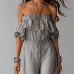 Bohemian-style Gray Off-the-shoulder Wide-leg Jumpsuit With Ruffled Details.