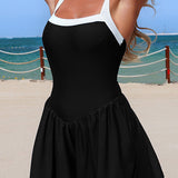 Stylish Square Neck Back Cutout Tie-up Pocket Stretch One-piece Swimsuit