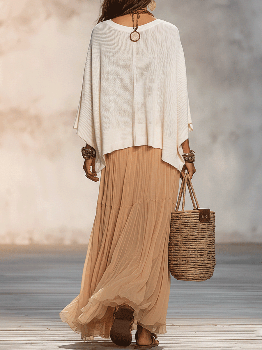 Bohemian Flow Ivory Blouse & Sand Pleated Maxi Skirt Set