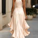 Midnight Elegance Satin Halter Ruffle Gown