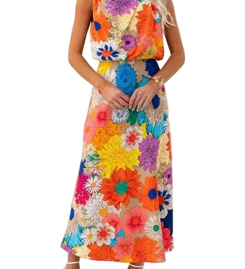 Vestido longo floral sem mangas com amarração no pescoço e cintura marcada