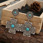PENDIENTES RÉTRO FLORAL DESIGN TURQUESA CRUZ SCULPTÉ MÉTAL