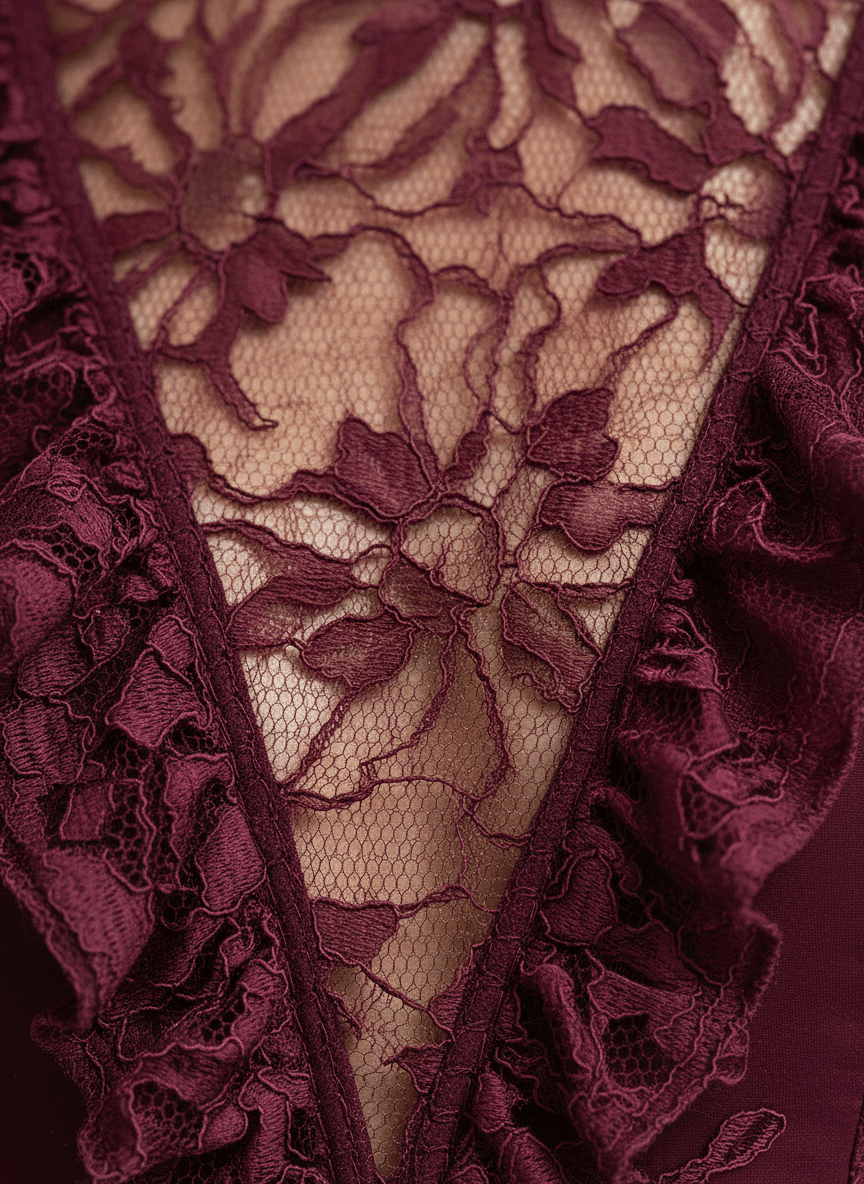 VESTIDO CORTO BURDEOS DE ENCAJE FLORAL CON VOLANTES EN CAPAS - VALERINA MARBELLA