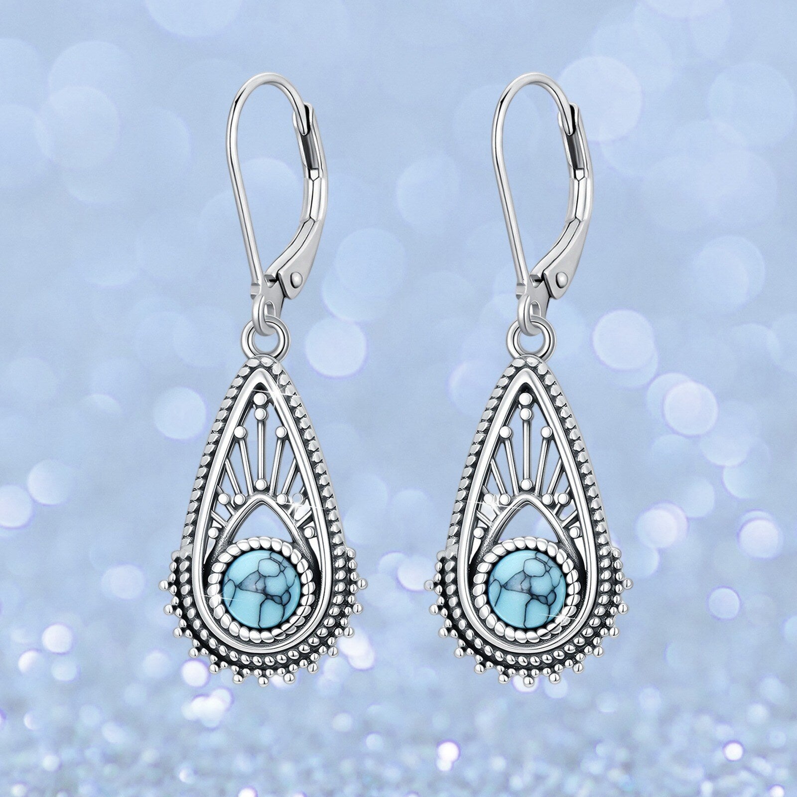 PENDIENTES BOHEMIO PLATA PLAQUÉ FILIGRANE GOTA TURQUESA COLGANTE