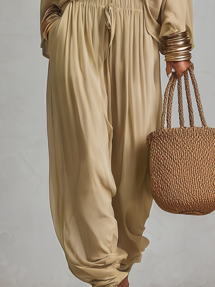 Effortless Dune Beige Off-the-Shoulder Draped Harem Trouser Co-ord Set