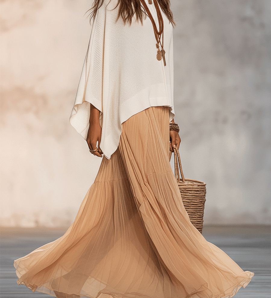 Bohemian Flow Ivory Blouse & Sand Pleated Maxi Skirt Set