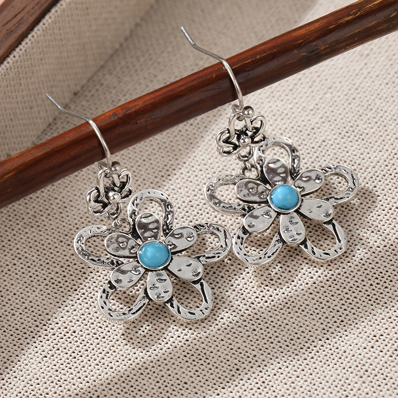 PENDIENTES VINTAGE BOHEMIO TURQUESA FLOR GOTA