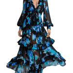 VESTIDO LARGO DE GASA FLORAL ACUARELA EN NEGRO Y PETRÓLEO - VALERINA MARBELLA