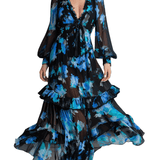 VESTIDO LARGO DE GASA FLORAL ACUARELA EN NEGRO Y PETRÓLEO - VALERINA MARBELLA