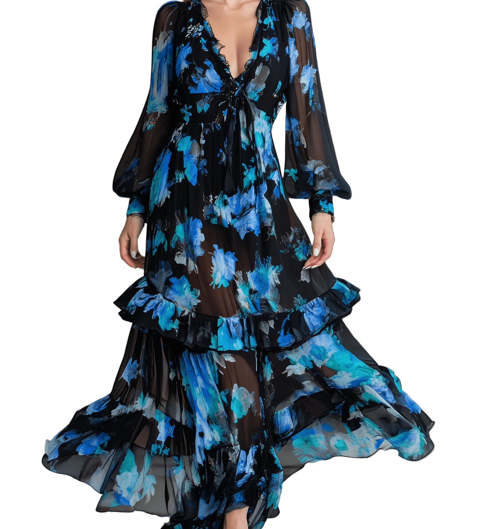 VESTIDO LARGO DE GASA FLORAL ACUARELA EN NEGRO Y PETRÓLEO - VALERINA MARBELLA