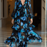 VESTIDO LARGO DE GASA FLORAL ACUARELA EN NEGRO Y PETRÓLEO - VALERINA MARBELLA