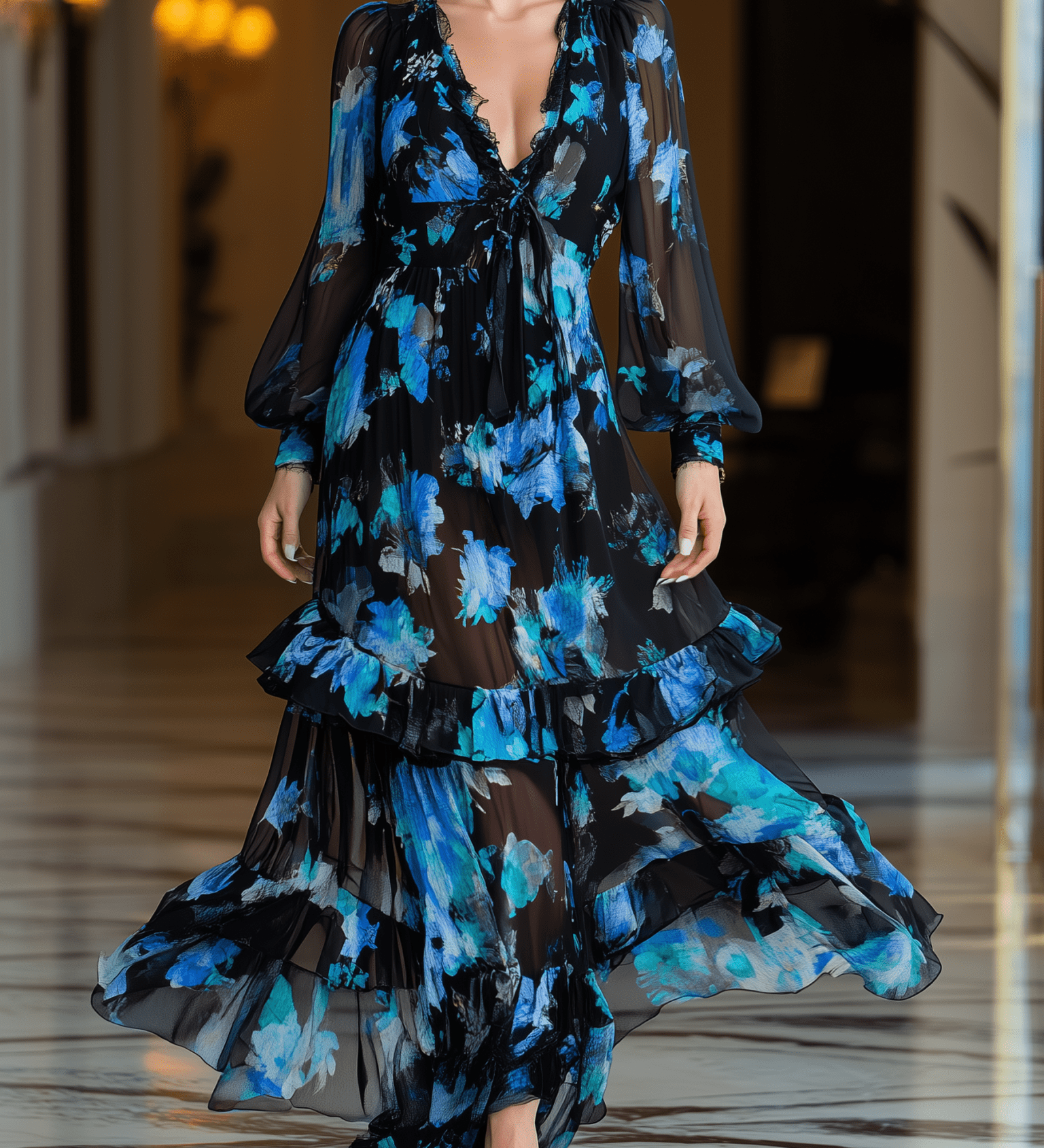 VESTIDO LARGO DE GASA FLORAL ACUARELA EN NEGRO Y PETRÓLEO - VALERINA MARBELLA