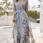 Floral Print V-Neck Short Sleeve Bow Waist Midi Dress