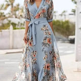 Floral Print V-Neck Short Sleeve Bow Waist Midi Dress