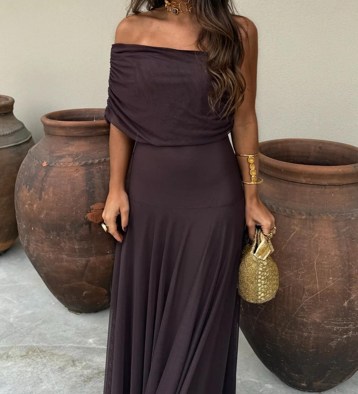 Brown One Shoulder Mesh Maxi Dress