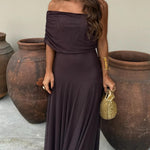 Brown One Shoulder Mesh Maxi Dress