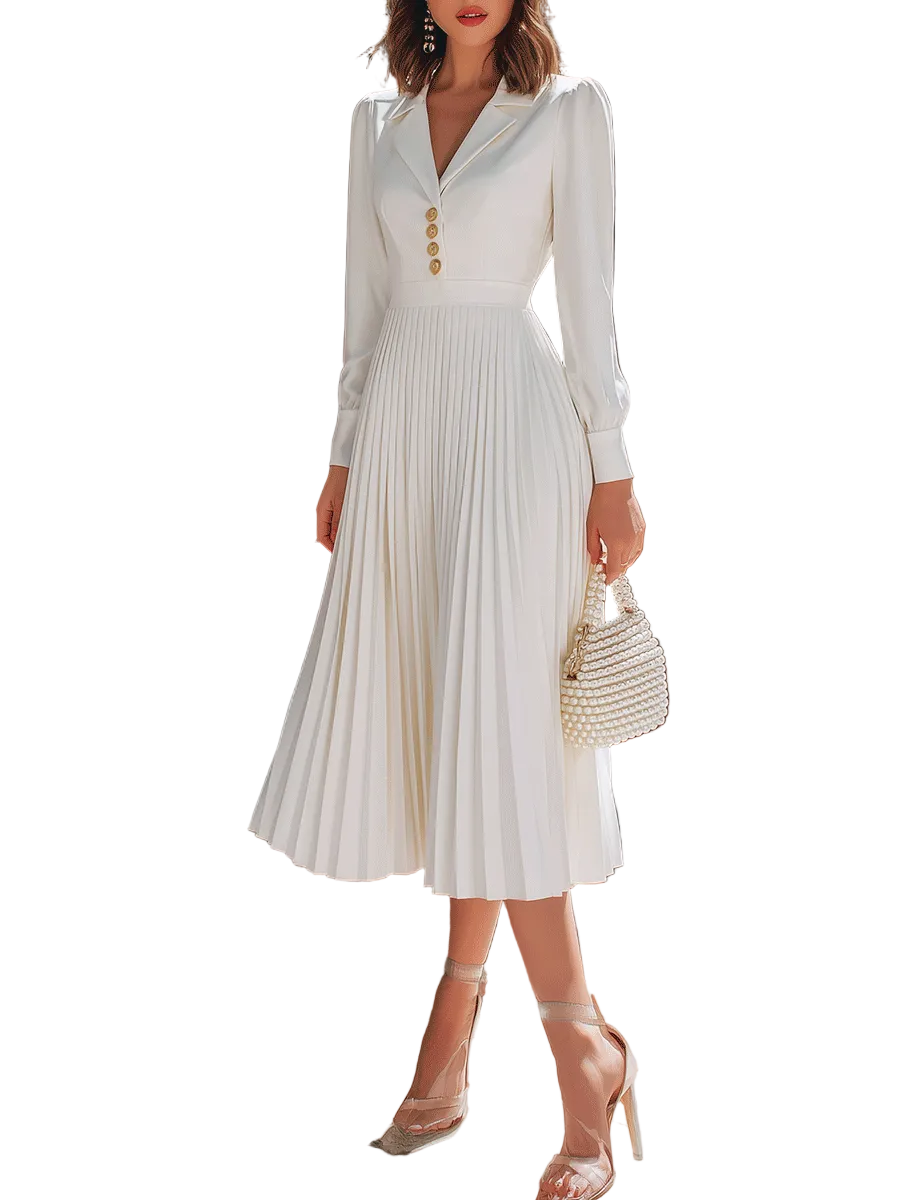 Elegant White Pleated Midi Dress
