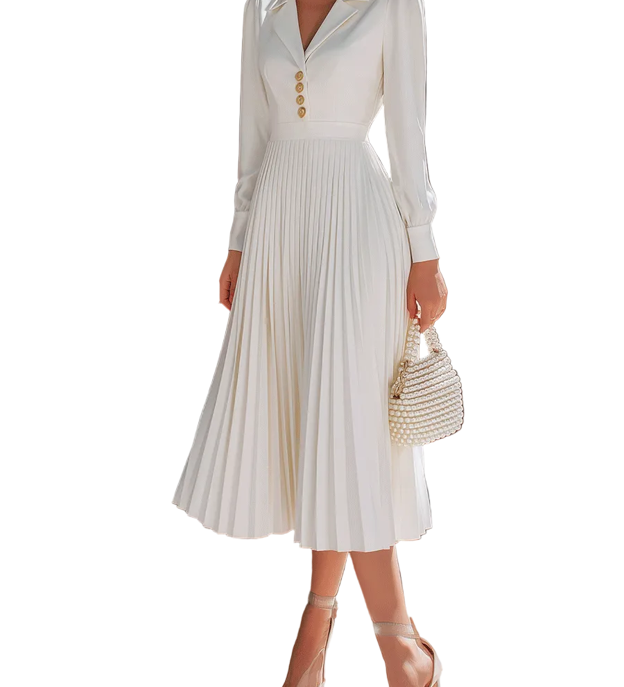 Elegant White Pleated Midi Dress