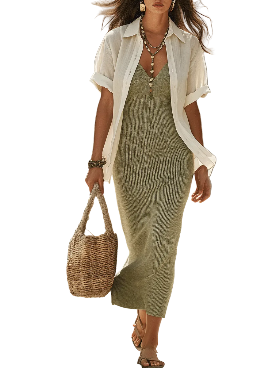Boho Ribbed Knit Slip Maxi Dress With Lightweight Open Cardigan Set