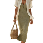 Boho Ribbed Knit Slip Maxi Dress With Lightweight Open Cardigan Set