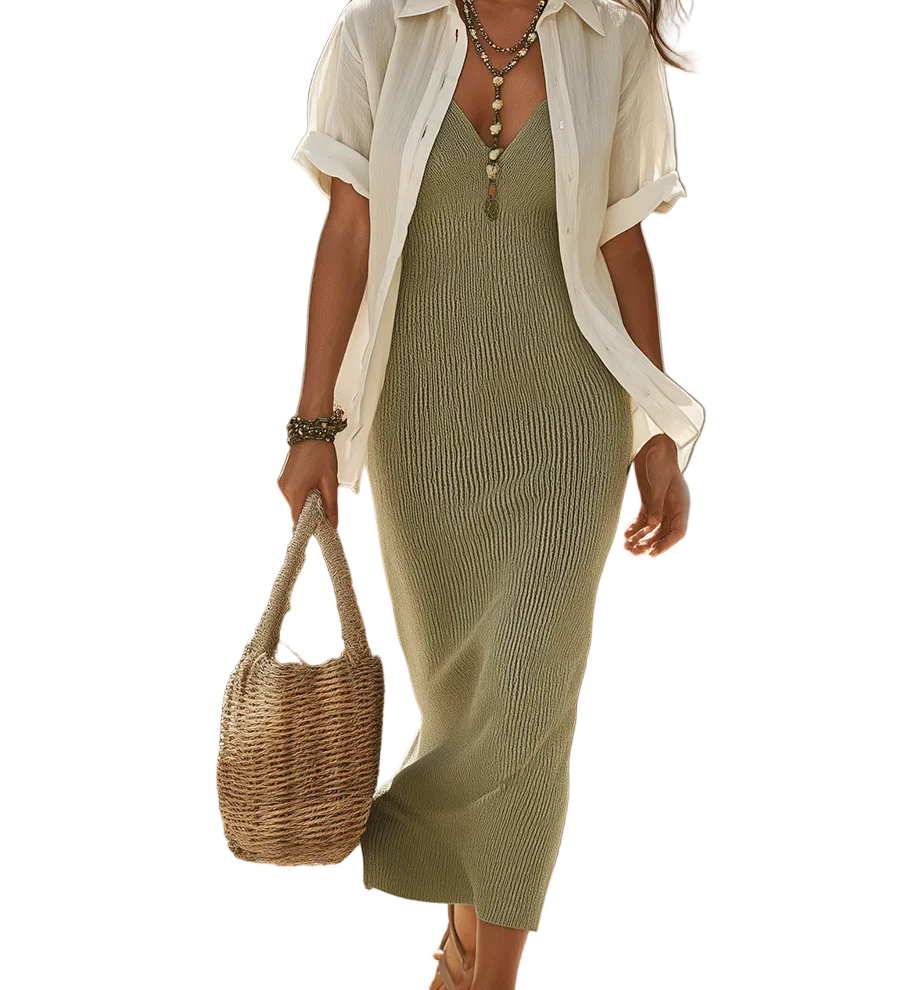 Boho Ribbed Knit Slip Maxi Dress With Lightweight Open Cardigan Set