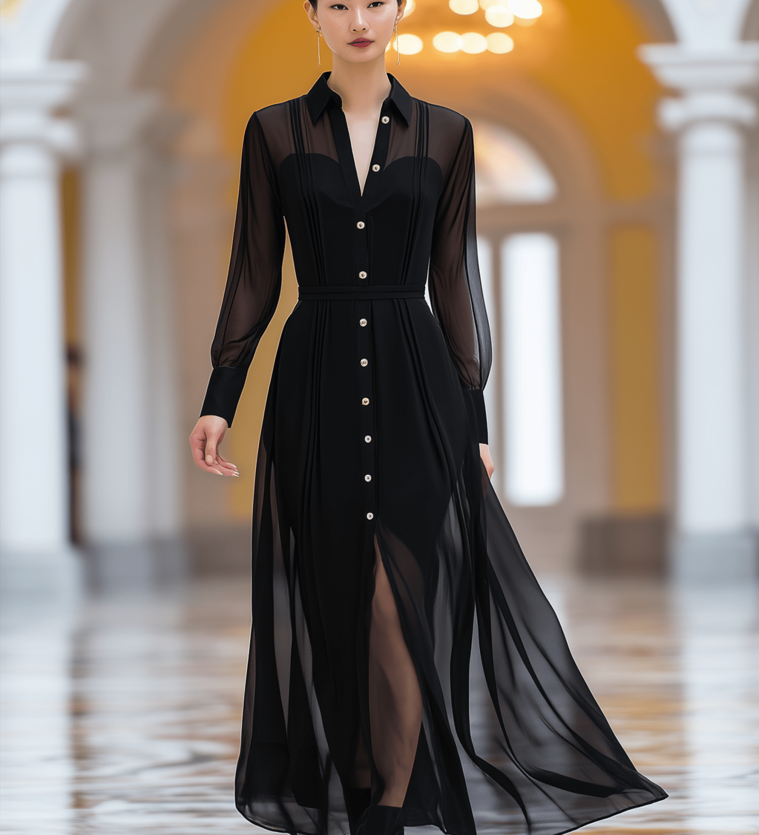 VESTIDO LARGO CAMISERO NEGRO CON TRANSPARENCIAS Y BOTONES DORADOS - VALERINA MARBELLA