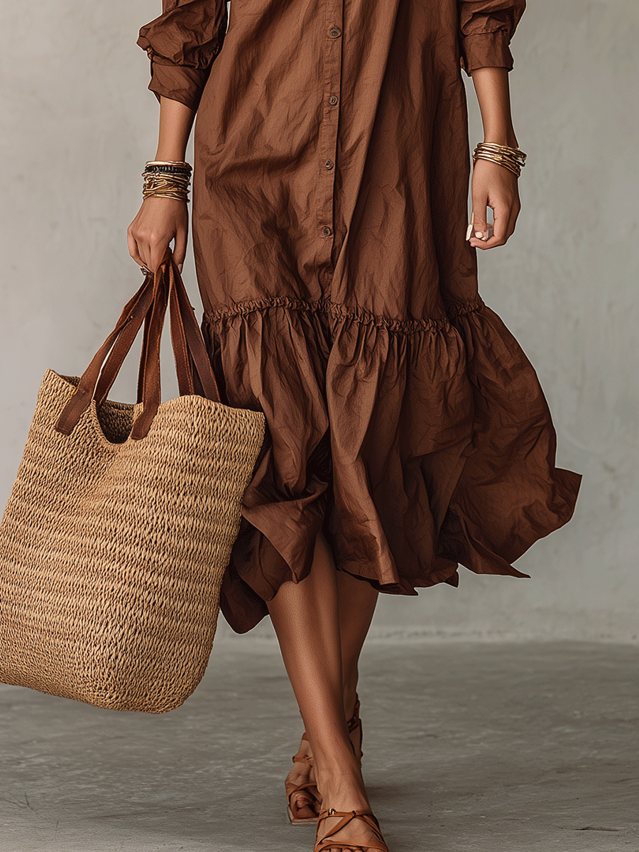 VESTIDO MIDI BOHEMIO ABOTONADO CON VOLANTE EN EL BAJO - VALERINA MARBELLA