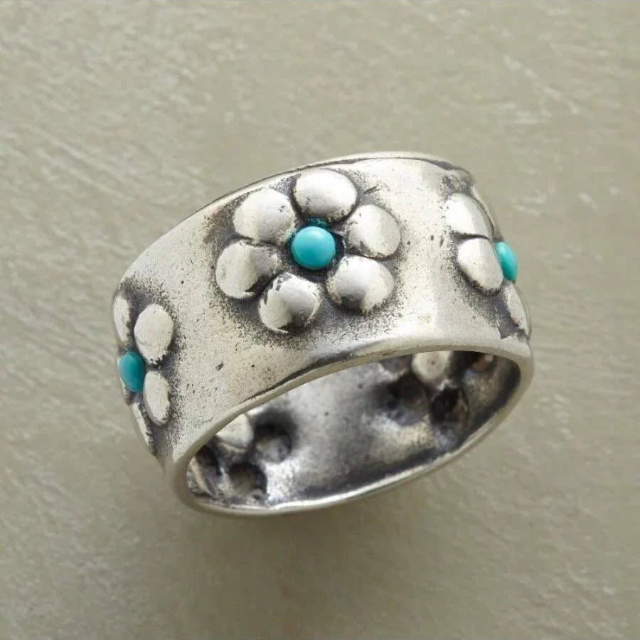 ANILLO BOHEMIO VIBRANT PLATEADO FLOR TURQUESA LARGE
