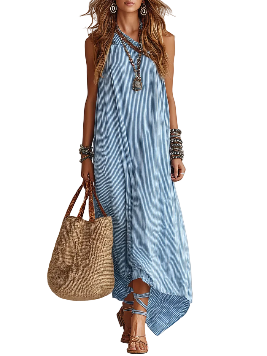 Light Blue Striped Off-the-shoulder Bohemian Style Dress
