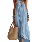 Light Blue Striped Off-the-shoulder Bohemian Style Dress