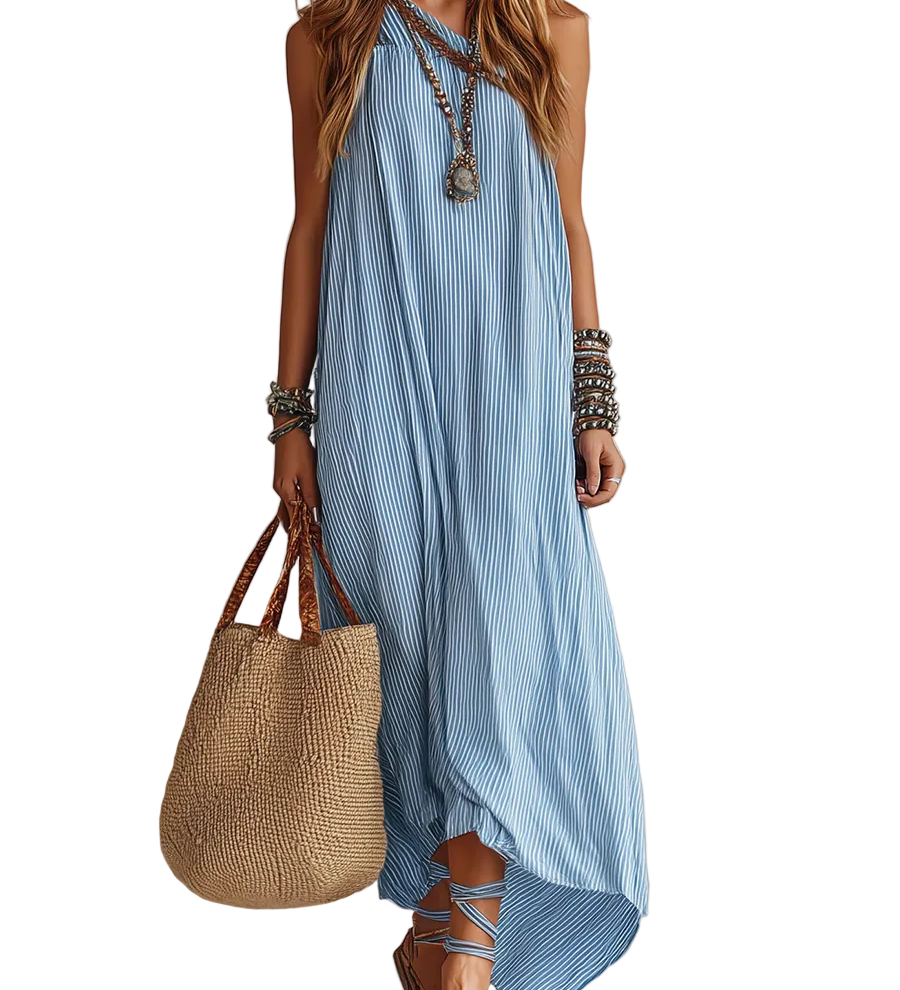 Light Blue Striped Off-the-shoulder Bohemian Style Dress